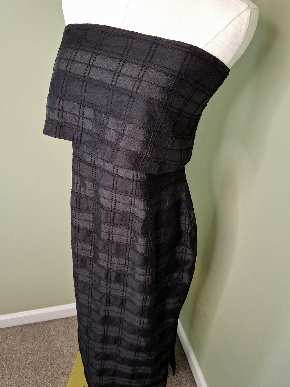 C/MEO Collective Strapless Black Check Midi Dress Foldover Bodice Slit NWT Sz L